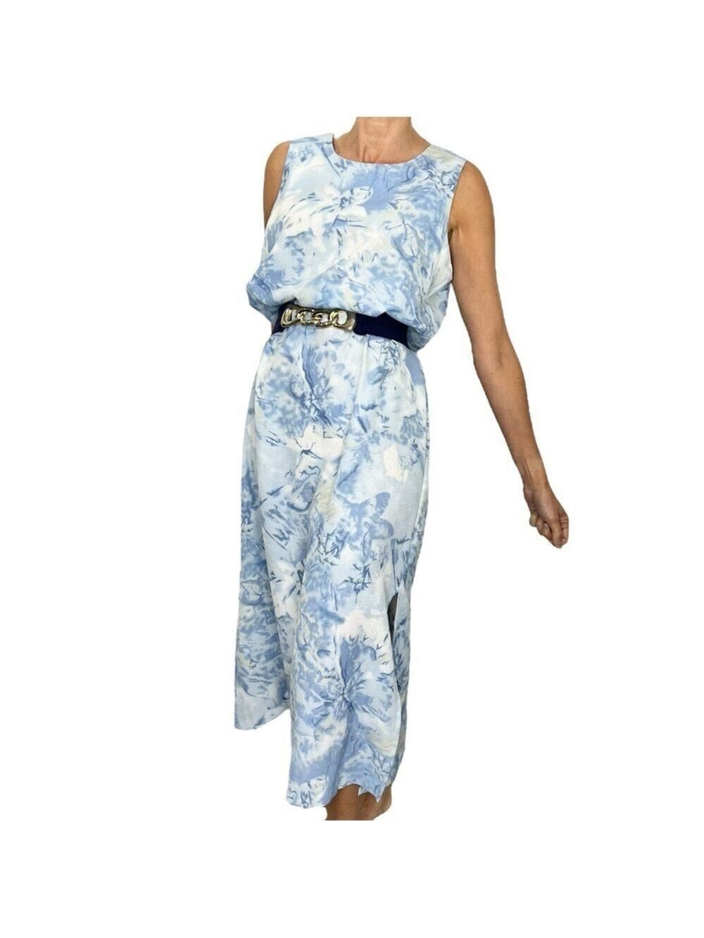 Vintage 80s 90s blue white abstract floral sleeveless long maxi shift dress 14 - Picture 3 of 11
